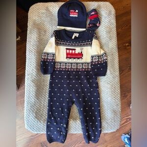 Janie & Jack Navy Blue Train Knit One Piece Set